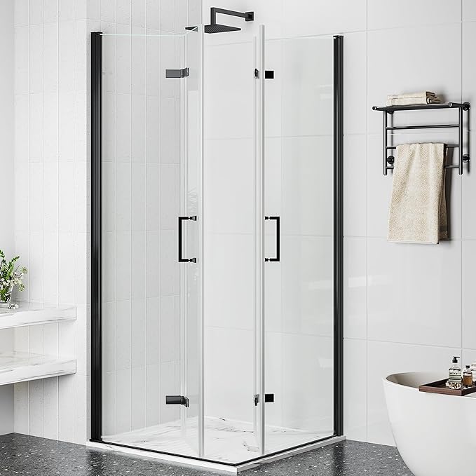 Corner Shower Enclosure Kit 34" D ×34" W × 72" H, Stand Up Shower Stall Kit with 1/4" Clear Corner Shower Glass Door, Bi-Fold Tempere Frameless Glass, Matte Black, Base Not Included