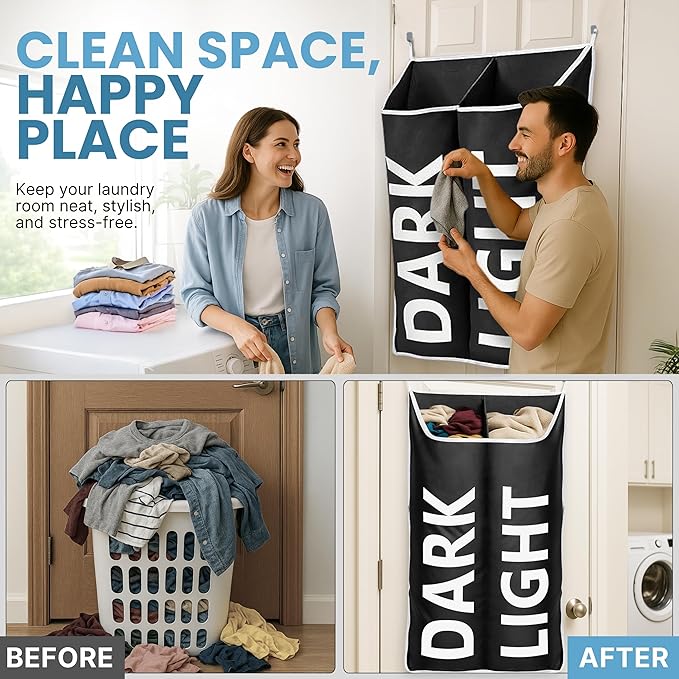 Hanging Laundry Hamper Bag XL, Space Saving over the Door Storage Bags, Behind the Door Hampers for Dirty Clothes & Wall Mounted Basket for Bathroom (Black -2Pack, Double Compartment)