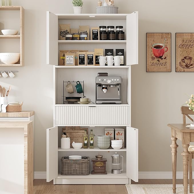 Garvee Tall Kitchen Pantry Cabinet, 70" Pantry Storage Cabinet with Countertop, Fluted Kitchen Hutch Cabinets with Doors and Drawer, Freestanding Cupboard for Dining Room, Living Room, Antique White