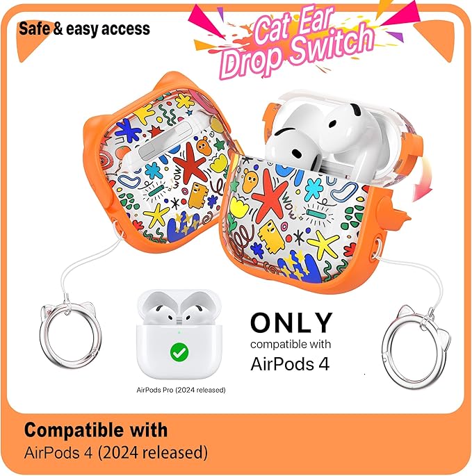 RFUNGUANGO AirPods 4 Case for Women Girly Cat Case with Lock, Phone Stand, Keychain & Cleaner Kit, Compatible with Apple Airpods 4th Generation Case Cover, Orange Graffiti