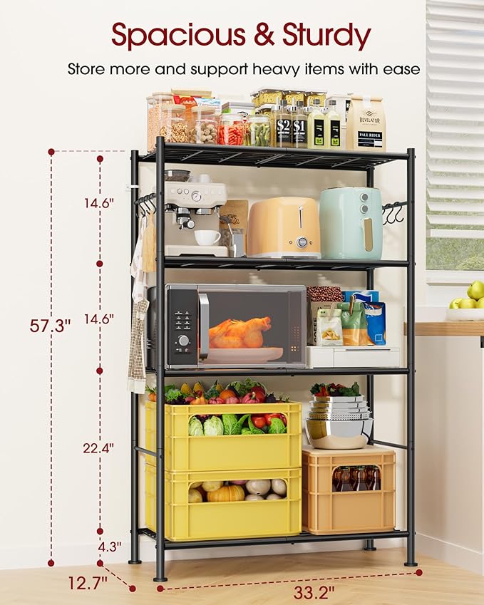 Storage Shelves - 4-Tier Spacious Shelf Organizer with Hooks & Leveling Feet, Easy to Assemble, Rust-Resistant Garage Shelving for Kitchen, Pantry, Bedroom, 33.2" x 12.7" x 57.3", Black
