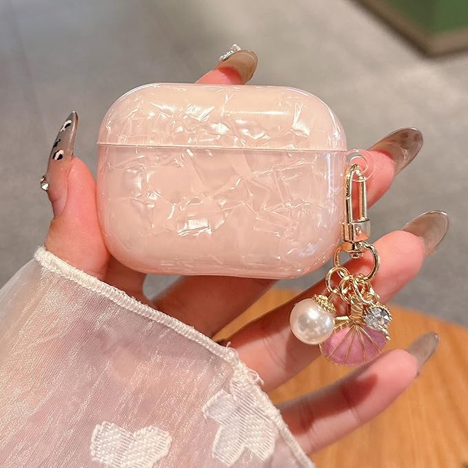 for AirPod Pro 3 Case 2025 Cute Luxury Marble TPU Protective Cover with Glitter Shell Pearl Keychain Compatible for AirPods Pro 3rd Generation Case for Women Girls (Pink)