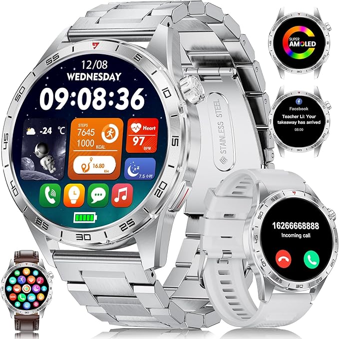 Smart Watch for Men (3 Straps),Answer/Make Calls,1.43'' AMOLED,IP68 Waterproof,110+ Sports Modes Fitness Watch with Sleep Monitor/SpO2/Heart Rate/Pedometer Rugged Smart watch for Android/iOS Silver