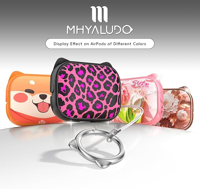 for AirPods Pro 2 Case with Cleaning Kit, Cute Cat Ear Print Design & Cute Buckle for Girls, Phone Holder & Top Safe Lock Buckle Design for AirPods Pro 2nd/1st Gen case, Rose Leopard
