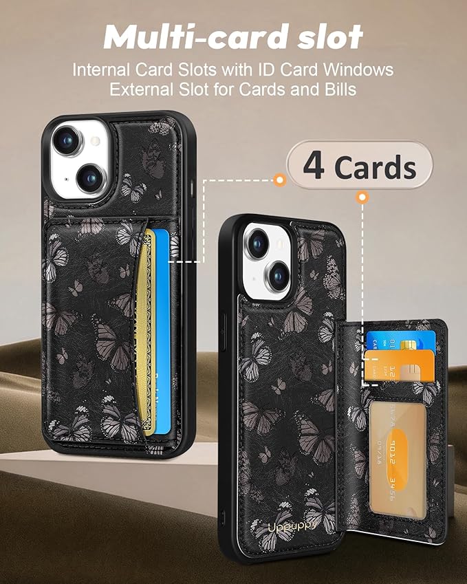 for iPhone 14 Plus Case with Wallet - Fits 4 Card Slots, Compatible with MagSafe for Women Aesthetic PU Leather Credit Card Holder Kickstand Phone Cover for Apple 14 Plus, Black Butterfly