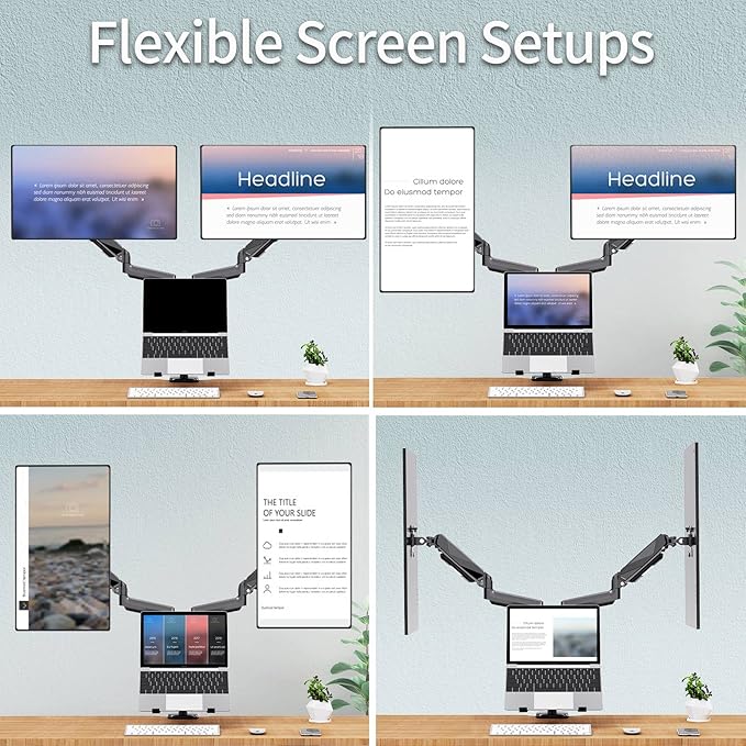MOUNTUP Dual Monitor and Laptop Mount, Gas Spring Monitor Stand for 2 Max 27" Computer Screens, Laptop Tray Fits 10-17inch Notebook, Holds 4.4-17.6lbs Per Arm, 3-in-1 Adjustable Monitor Desk Mount