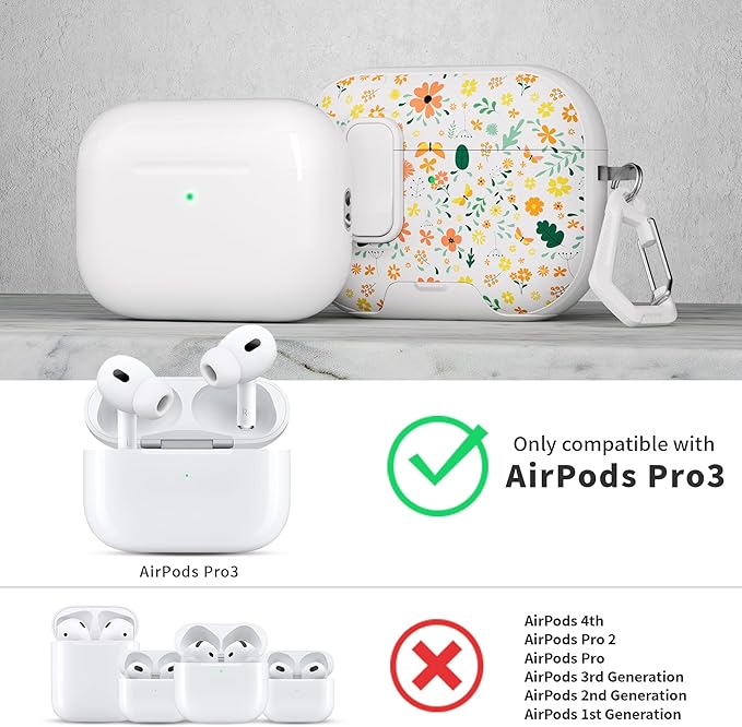 for AirPods Pro 3 Case(2025) with Secure Lock Clip and Phone Stand,Floral Girly Style Protective Cover with Cleaning Kit and Hand Strap for Apple AirPod Pro 3 Generation (Four-Leaf Clover)