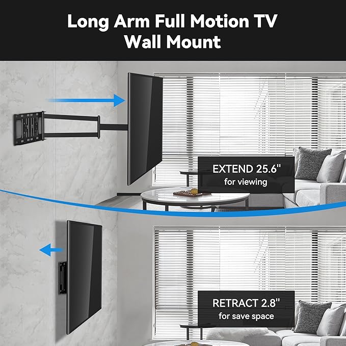 FORGING MOUNT Long Arm TV Wall Mount for Most 26-60 Inch Flat Curved TVs, 25.6inch Full Motion Extension Articulating Arms, Swivel, Tilt TV Bracket Corner Mount Fits Max VESA 400x400mm up to 77lbs