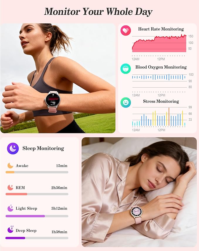 Smart Watch for Women, Ladies & Men, 1.27'' Fitness Watch [41mm case] with Call Receive/Dial, Heart Rate/Stress/Sleep Monitor, AI Voice, IP68 Waterproof Smartwatch with Calculator, Calendar, Games