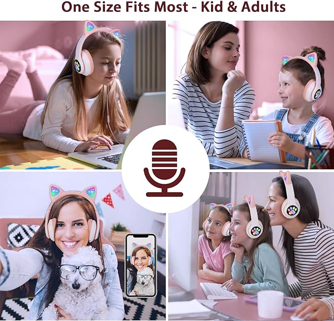 TCJJ Bluetooth 6.0 Cat Ear Kids Headphones for Girls, LED Light Up, 85dB Safe Volume Limit, Stereo Sound Toddler Foldable Wireless & 3.5mm Wired Headset with Mic for School, Tablet, Travel