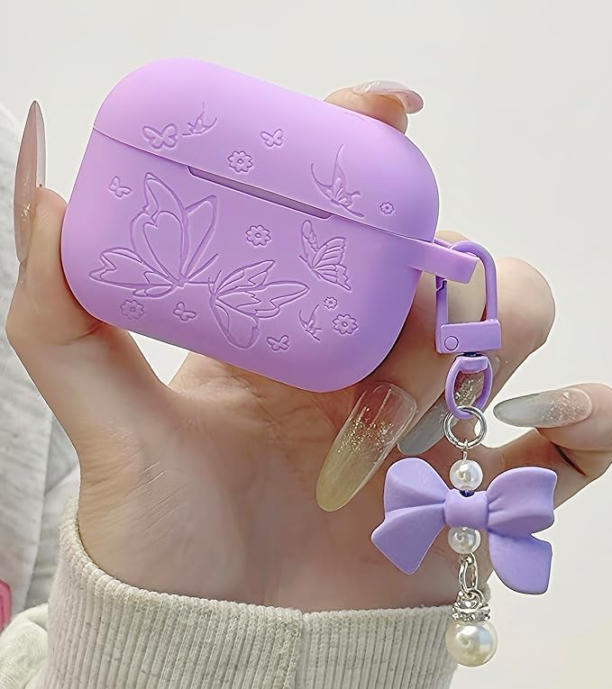for AirPods Pro 2 Case Cover with Bow Keychain, DamonLight Cute Flower Floral Engraved Silicone Protective Case Cover Compatible with Apple Airpods Pro 2 Case for Women and Girls, Purple