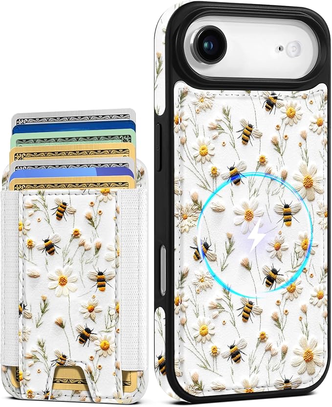 Shorogyt for iPhone Air Wallet Case - Fits 5 Cards, Compatible with Magsafe Detachable Magnetic Credit Card Holder Leather Cardholder Cute Phone Cover Women Girls for Apple 17 Air, Bee Flower