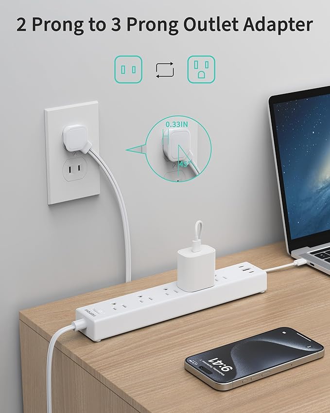 2 Prong Power Strip, 2 to 3 Prong Outlet Adapter with 1700J Surge Protection, 6ft Two Prong Extension Cord, 5 AC Outlets & 3 USB(5V 3.4A Max), Wall Mount for Non-Grounded Outlet, White