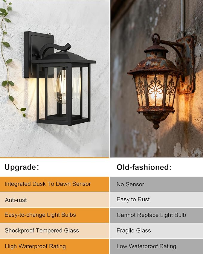 Dusk to Dawn Outdoor Lighting, Modern Black Waterproof Exterior Wall Sconce, Sensor Front Porch Lights with E26 Base for House Garage Patio Front Door, 120V