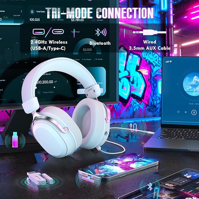 ATTACK SHARK L30PRO Wireless Gaming Headset,7.1 Surround Sound, 50mm Drivers,20ms Low Latency,Detachable Noise-Canceling Microphone, Aluminum Alloy Frame,Quad-Mode Connectivity-White
