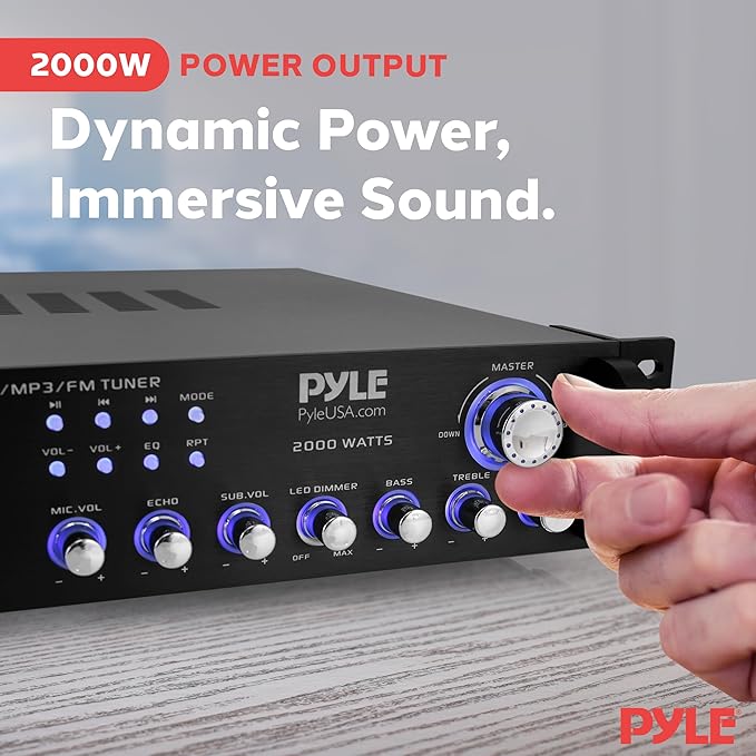 PYLE Multi Channel Bluetooth Preamplifier Receiver - 2000 Watt Audio Home Speaker Sound Stereo Receiver W/ Radio, USB, Headphone, Aux, RCA, Dual Microphone W/ Echo, Led, Wireless Streaming - P2001BT