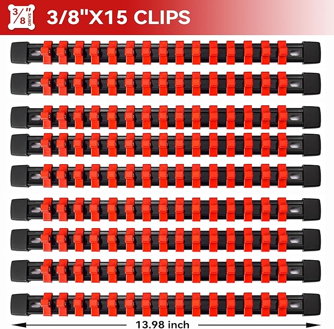 ALOANES 9PC ABS Socket Organizer, Socket Rails Fit 3/8 inch Drive, Heavy Duty Socket Holders Hold up to 135 Sockets, Black Rails with Red Clips