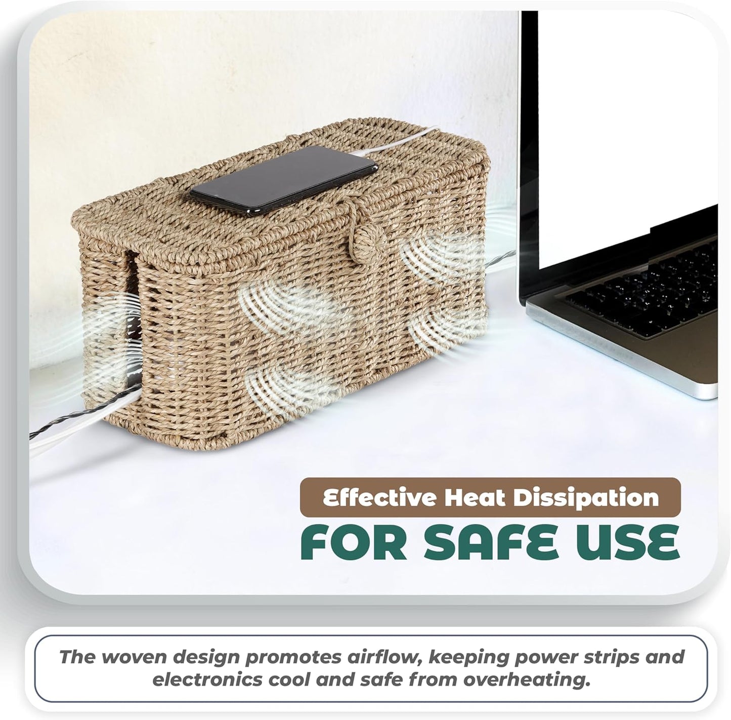 Natural Rattan Cable Management Box Set – 2 Sizes, Cord Hider for Power Strip, TV & Desk | Techloop Living