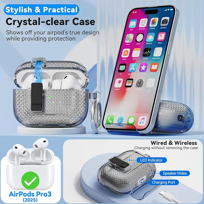 for AirPods Pro 3 Case with Phone Stand & Secure Lock, Auto-Open Clear Case Cover Compatible with Apple AirPods Pro 3rd Generation with Cleaning Kit & Keychain