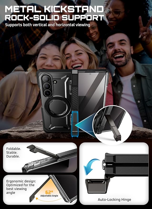 SUPCASE for Samsung Galaxy Z Fold 7 Case with Kickstand (UB Grip), [Built-in Tempered Glass Screen Protector] [Hinge Coverage] Military-Grade Protection Phone Case, Black