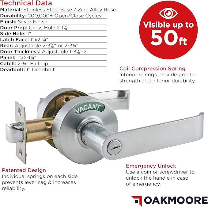 Commercial Door Handle Lock, Bathroom Locks for Home Doors, Vacant Occupied Bathroom Restroom Door Handles, Privacy Lock, Occupied Door Handle (Silver)