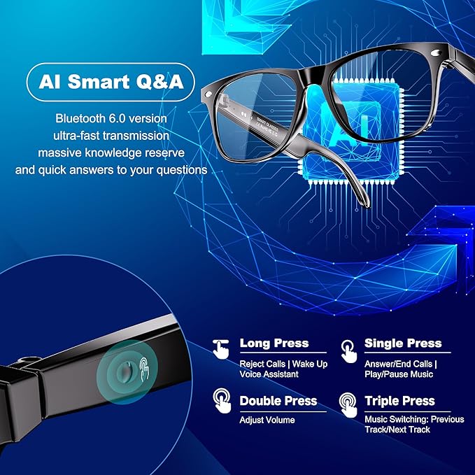AI Smart Glasses for Women and Men, Bluetooth Sunglasses with Chat GPT and 164 Languages , Translation Glasses with Color-Change Lens, Music Playback & Hands-Free Calls, UV & Blue Light Protection