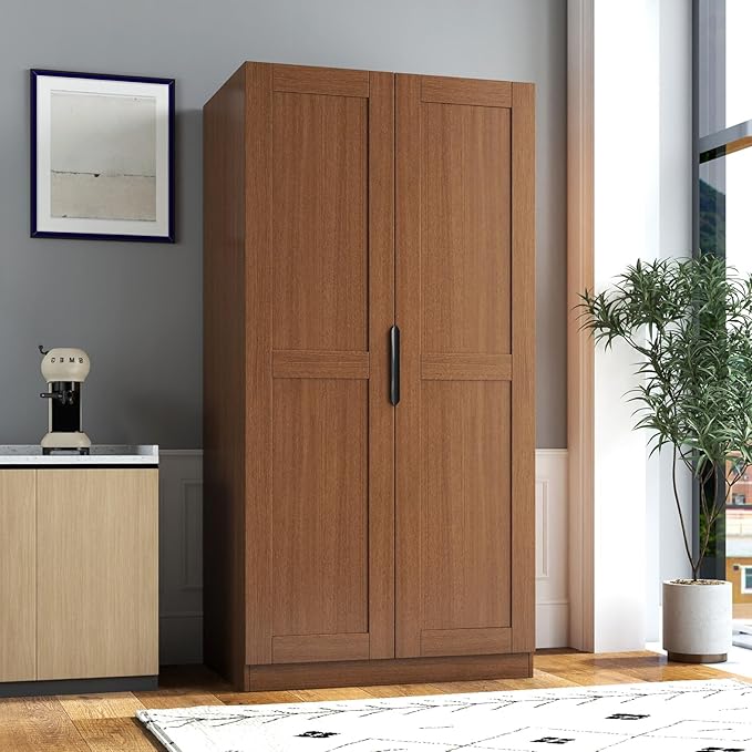 KEIKI 63" Tall Kitchen Pantry Storage Cabinet with Door-Side Rack & Shelves, Freestanding Wood Hutch Food Pantries Cupboard for Coffee Bar, Dining Room