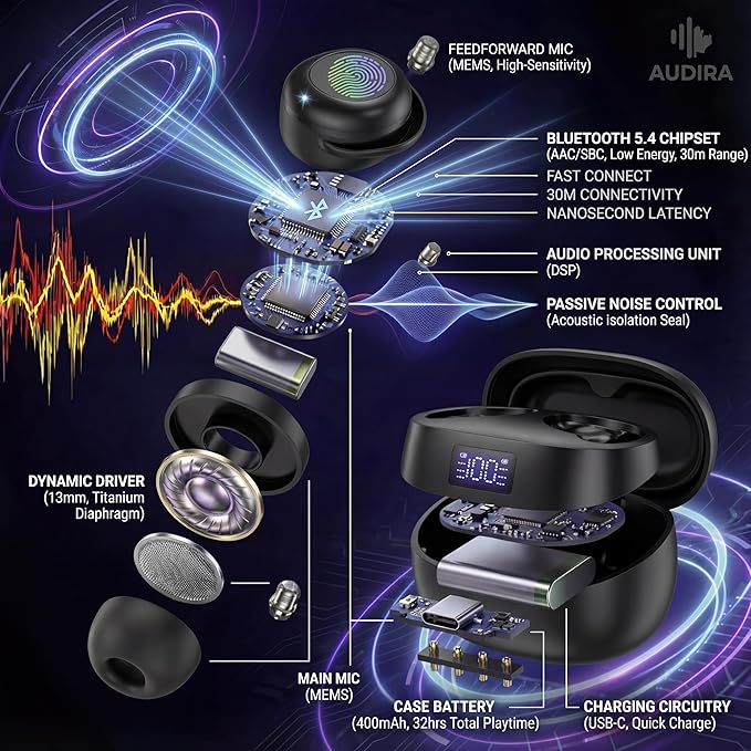 AUDIRA Mini Wireless Sleep Earbuds for Side Sleepers, Bluetooth 5.4 in-Ear Ear Buds with Noise Cancelling, IPX4 Waterproof Headphones, Touch Control, Digital Display Charging Case – Black