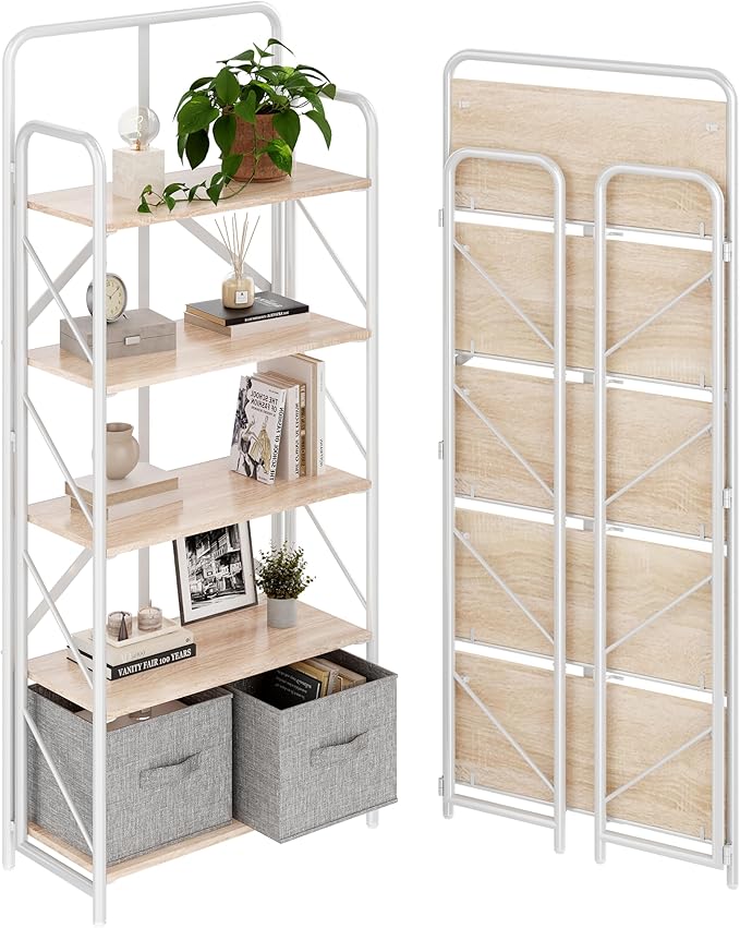 JSB 5 Tier No Assembly Folding Bookshelf, Foldable Storage Bookcase for Home Office, Space-Saving Storage Shelf for Living Room, Bedroom (White, 5-Tier)