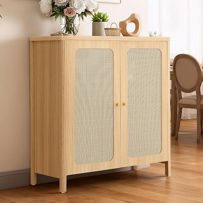 Rattan Sideboard Buffet Cabinet 2 Door Boho Kitchen Storage Cabinet Accent Console for Living Room, Hallway, Kitchen, Sideboard, Buffet Table Natural Oak