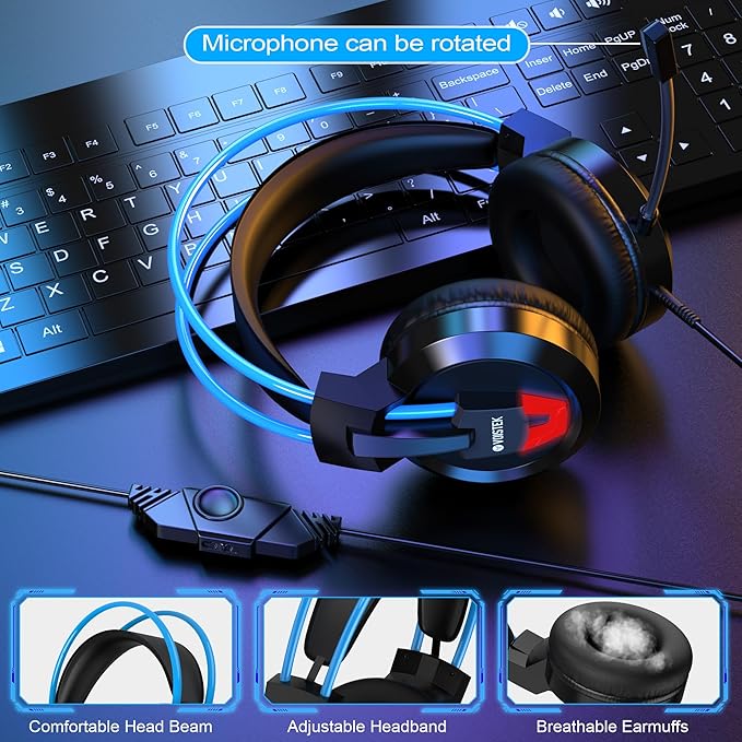 Voistek Gaming Headset for PC, Ps4, Ps5, Xbox Headset with 7.1 Surround Sound,3.5mm Gaming Headphones with Noise Canceling Mic, LED Light Over Ear Headphones for Switch, Xbox Series X/S, Laptop