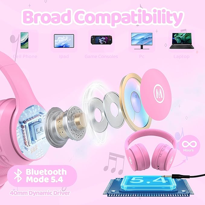 Headphones Kids Bluetooth 5.4 Wireless Play Time 68H Safe Volume Limit 85/94dB Over-Ear Foldable Headset,Fast Charging,with Aux Cord Built-in Mic for Toddler Child Pad Study Tablet Pink