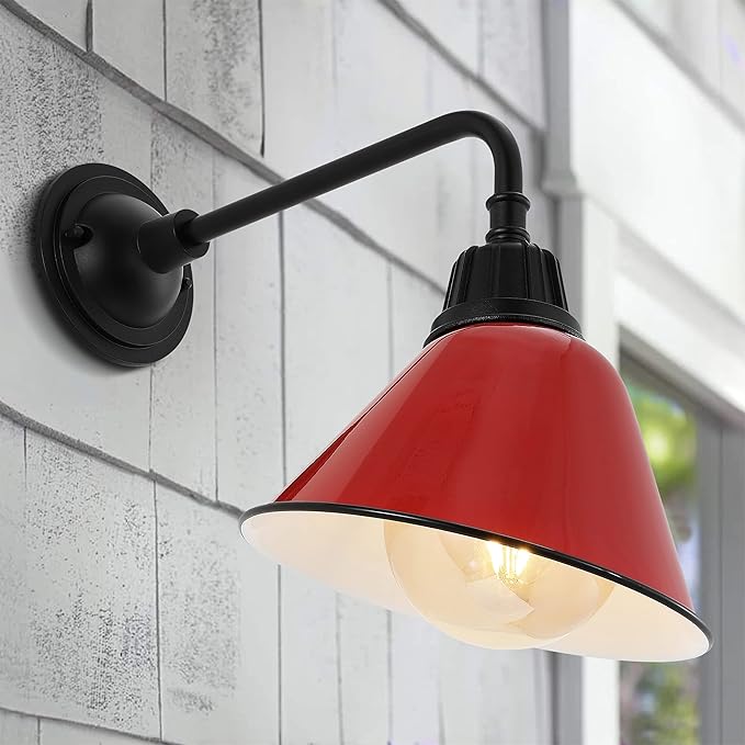 JONATHAN Y JYL7612E Croydon 9.63" 1-Light Farmhouse Industrial Indoor/Outdoor Iron LED Gooseneck Arm Outdoor Sconce Metal Bell Shade Vintage Cottage Rustic Porch Patio Yard Barn, Red