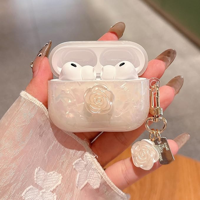 for AirPod Pro 3 Case 2025 Cute Glitter Shell Pearl TPU Protective Cover with Flower Keychain Compatible for AirPods Pro 3rd Generation Case for Women Girls (White Rose)