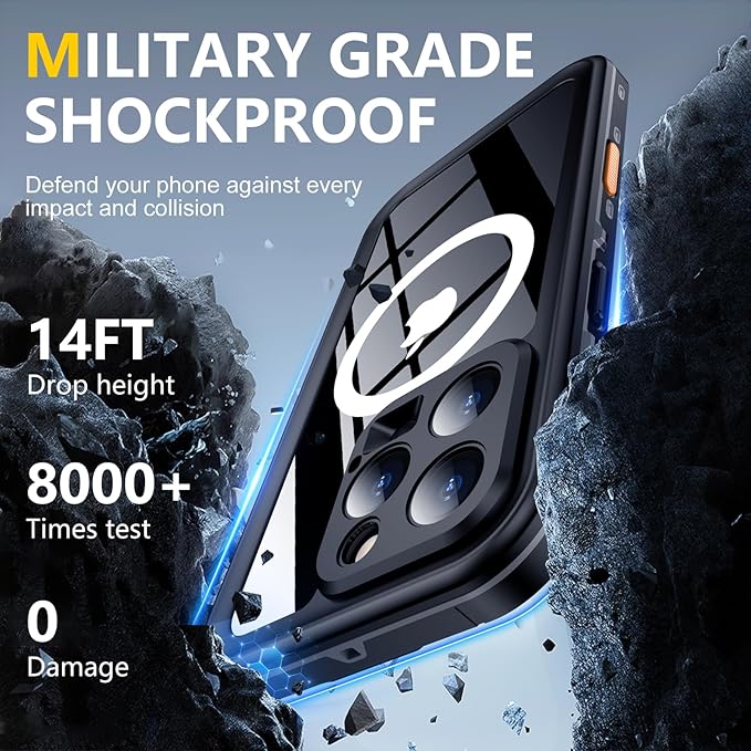 Red2Fire for iPhone 16 Pro Case Waterproof, [Built-in Screen Protector & Camera Protector][Compatible with MagSafe][Full Body Shockproof][IP68 Waterproof][Dustproof] Phone Case 6.3" Black/Clear