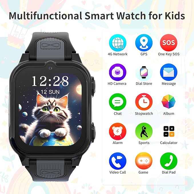 4G Kids Smart Watch Boys with GPS Tracker Video & Voice Calling Text, GPS Watch for Kids Age 5-12, SOS Chat Camera Pedometer Alarm Calculator Games Boys Gifts(Black)