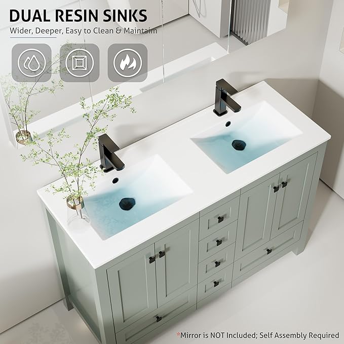 eclife 48" Bathroom Vanities with Sink Combo, Modern Thickened Wood Bathroom Storage Cabinet w/Undermount Double Sink, Matte Black Faucet Drain, Painted Surface, Green