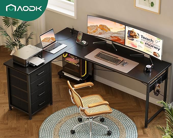 AODK L Shaped Gaming Desk with 4 Drawers, 61" Reversible Home Office Desks with Power Outlets, L Shaped Computer Desk with USB Charging Port and Host Stand, Corner Desk, Easy to Assemble, Black
