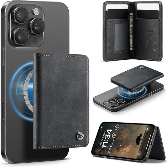 QVLANG for MagSafe Wallet, PU Leather Magnetic Card Holder RFID Blocking, 4 Card Slots and 1 Money Slot, Compatible with MagSafe Phones and Cases, for iPhone 17/16/15/14/13/12 Series, Black