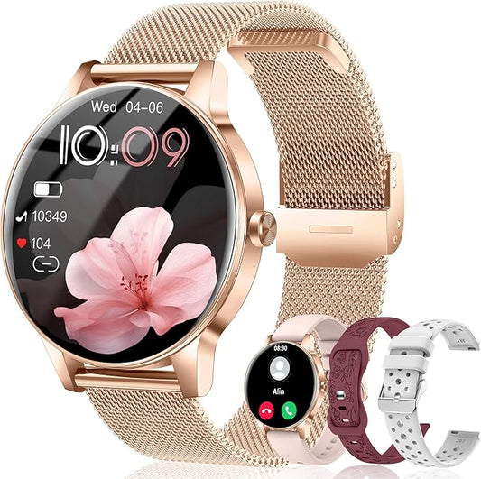 Smart Watch for Women, Answer/Make Call,1.27'' Touchscreen, 120+ Sports Fitness Tracker, 24H Heart Rate/SpO2/Sleep/Menstrual Cycle/IP68 Fitness Watch for Android iOS, 4 Straps (Rose Gold)