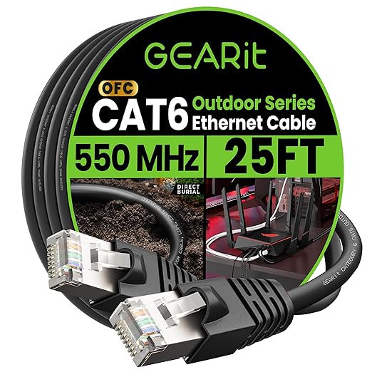 GEARit Cat6 Outdoor Ethernet Cable (25ft) 23AWG Pure Copper, FTP, LLDPE, Waterproof, Direct Burial, In-Ground, UV Resistant, POE, Network, LAN, Internet, Cat 6, Cat6 Cable - 25 Feet