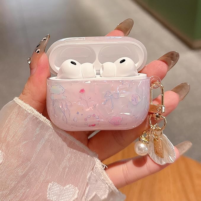 for AirPod Pro 3 Case 2025 Cute Shell Pearl Ocean Design for Women Girls TPU Protective Cover with Keychain Compatible for AirPods Pro 3rd Generation (Glitter Jellyfish)