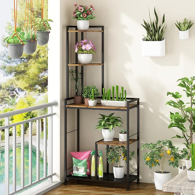 GILLAS 5 Tier Corner Shelf Stand, Freestanding Corner Shelf Unit Bookshelf, Corner Table with Shelf, Tall Storage Organizer Rack for Living Room, Bedroom, Office. Small Space, Metal