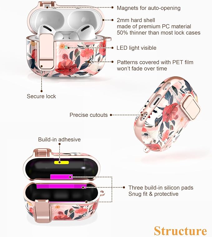TATOFY for AirPods Pro 2nd Generation Case with Lock Carabiner Cleaner, Slim AirPod Pro 1st & 2nd Hard Case Cover, Compatible with MagSafe (Water Pink)