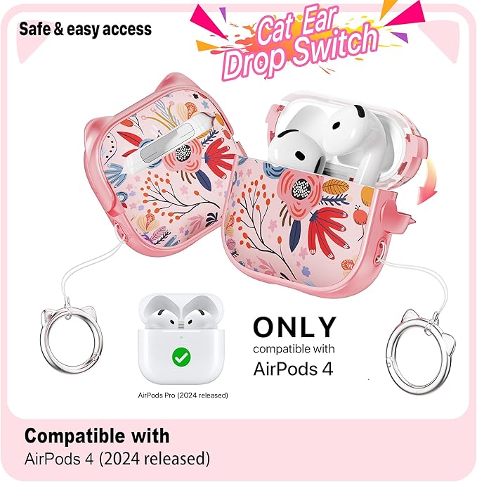 RFUNGUANGO AirPods 4 Case for Women Girly Cat Case with Lock, Phone Stand,Keychain & Cleaner Kit, Compatible with Apple Airpods 4th Generation Case Cover, Pink Berry Flower