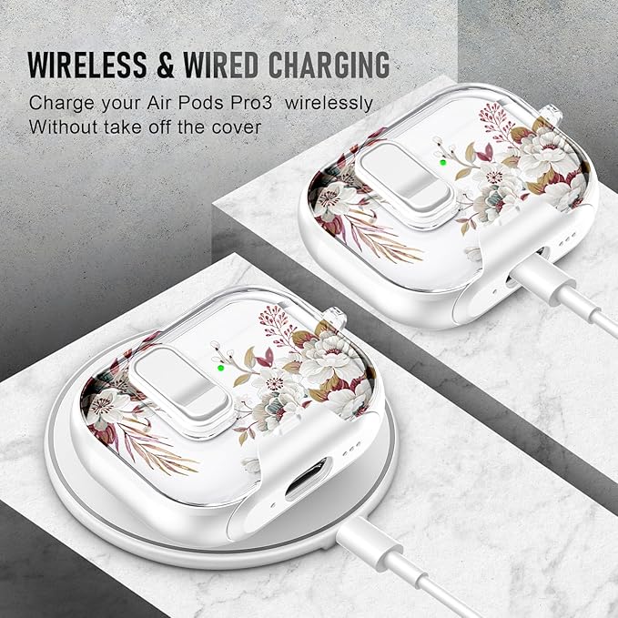 Compatible Airpods Pro 3 Case (2025) with Phone Stand & Cleaner Kit,Cute Flower Print Soft Silicone Lock Clip Apple AirPods Pro 3rd Generation Case, Airpod Pro 3 Cover with Keychain for Women/Girls