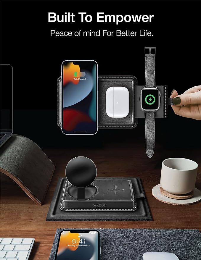 VogDUO 3 in 1 Wireless Magnetic Charger - Foldable Retractable 15W Charging Stand Genuine Leather Nightlight, Compatible with iPhone 16/17, AirPods Pro 3, Apple Watch (Black)