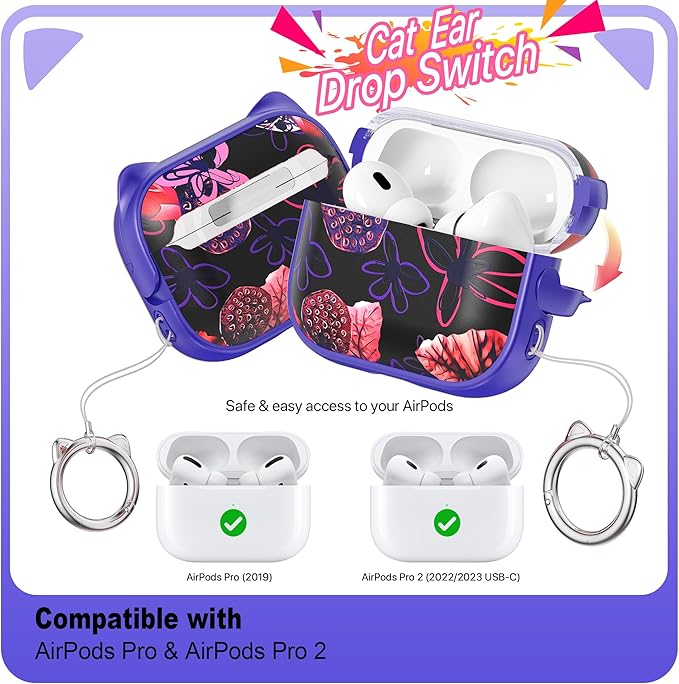RFUNGUANGO AirPods Pro Case for Women Girly Cat Case with Lock, Phone Stand, Keychain & Cleaner Kit, Compatible with Apple Airpods Pro 2nd/1st Generation Case Cover, Purple Lotus
