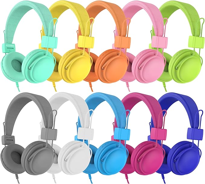 AILIHEN Classroom Headphones Kids 20-Pack for School Student K-12, On-Ear Premium Bulk Wired Headset with Mic, 85dB Volume Limited & SharePort, 3.5mm Jack for Chromebook, Computer, Laptop (Multicolor)