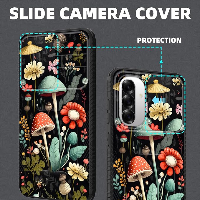for Galaxy A36 5G/A56 5G Case Built in Slide Camera Lens Cover,Heavy Duty Shockproof Protection Dual Layer Case for Samsung Galaxy A36 5G/A56 5G 6.7" 2025,Mushroom Forest